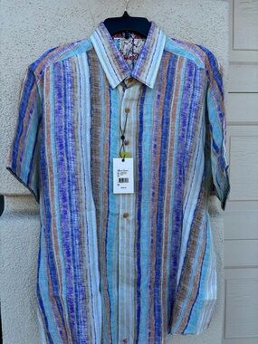 Robert Graham Striped Short-Sleeve Button-Down in Blue, Brown, Tan, Cream